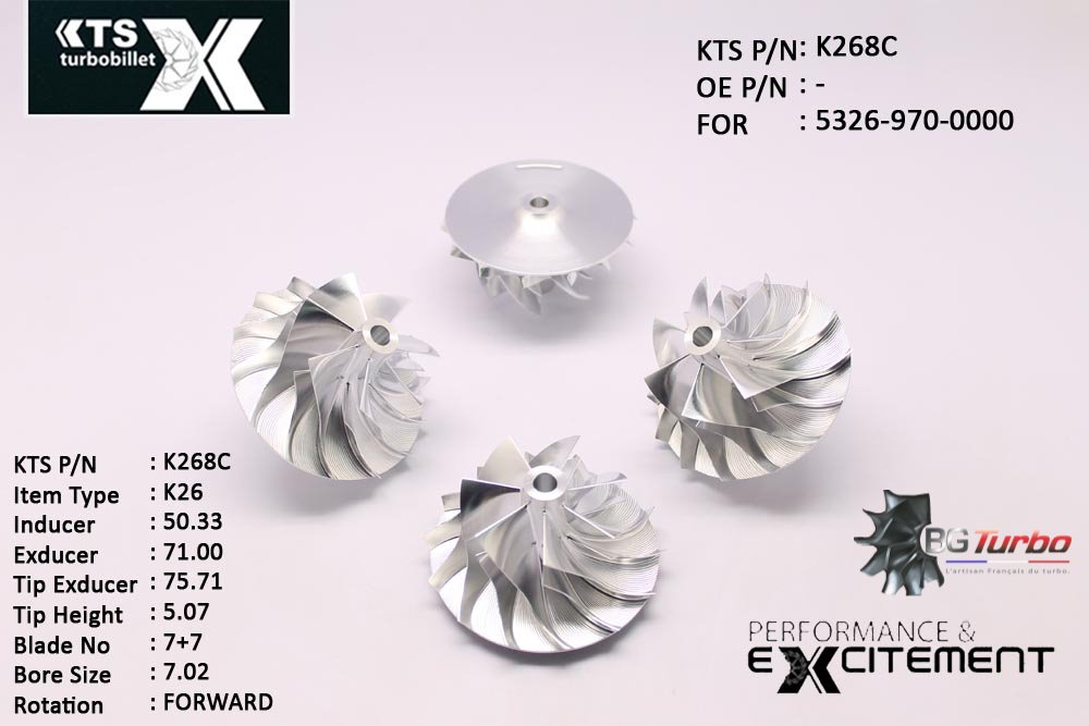 Turbo ROUE FORGÉE MFS PERFORMANCE - 7+7 PALES - INDUCER : 50,33 - EXDUCER : 71 - TYPE : K26ANGLE : 65° - ROTATION : Forward - SUPER BACK : 4,99 - BORE SIZE : 7,02
